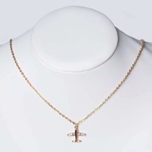 Rhinestone Airplane Charm Necklace Golden Chain Plane